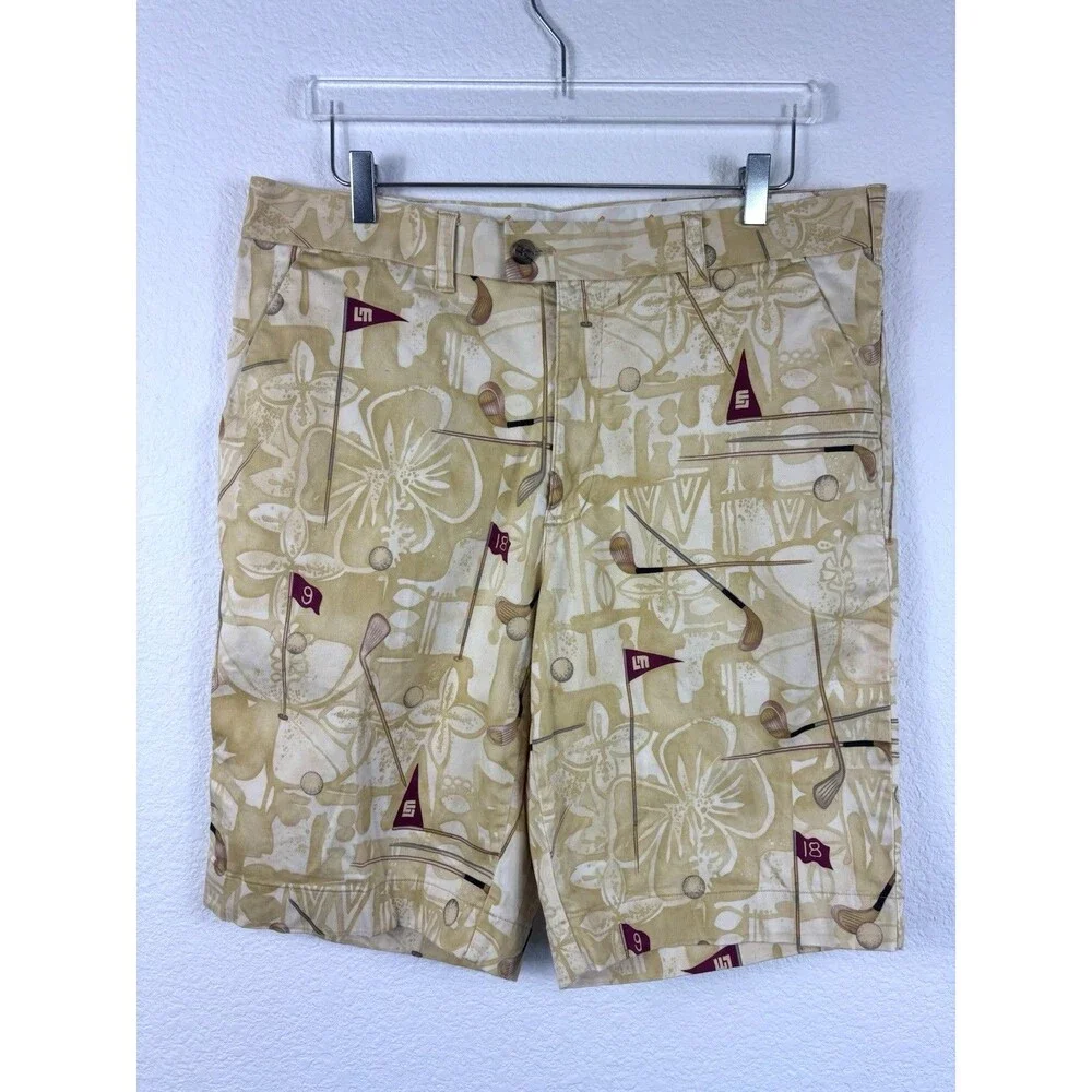 Loudmouth Men’s Golf Shorts 38 Club Print Tan Bermuda 11” Preppy Country Club